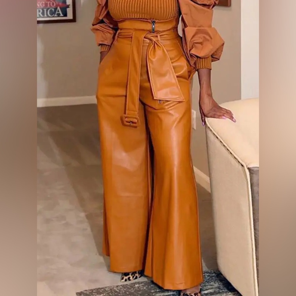 High Waisted Wide Leg Belted Solid Color Faux Leather  Zipper Pants Trousers